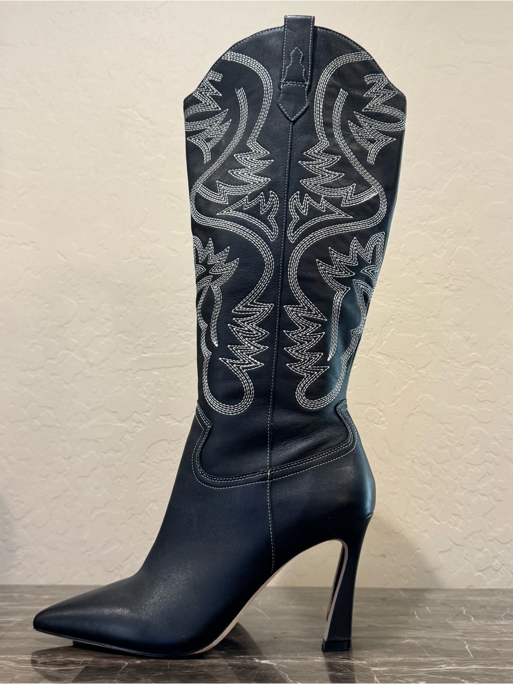 Antonio Melani Embroidered Leather Knee High Heeled Cowboy Boots